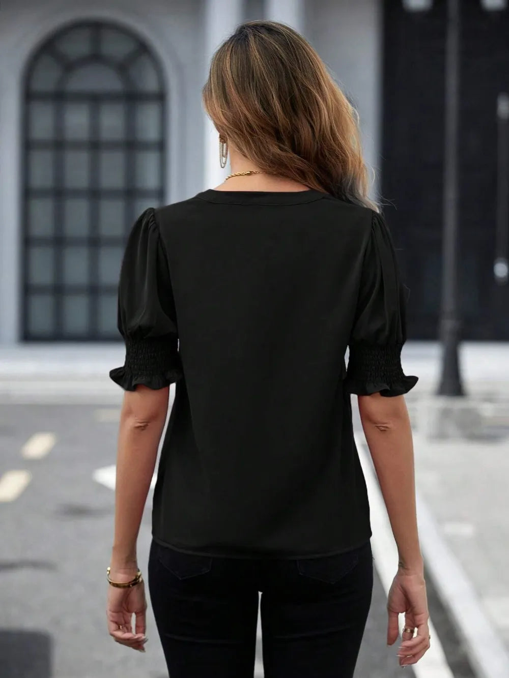 Notched-Neck Short-Sleeve Blouse