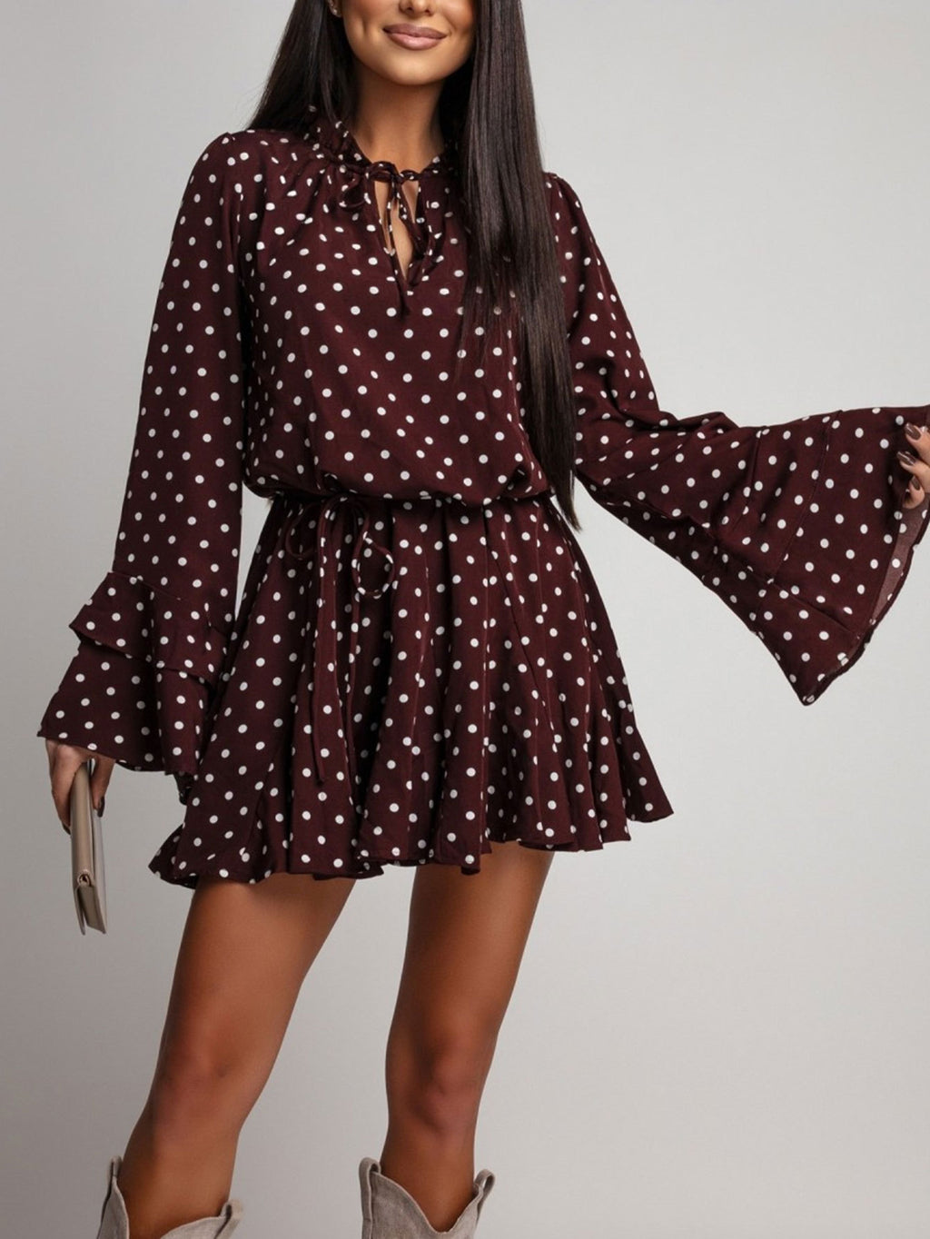 Women's Plus Size Polka-Dot Long-Sleeve V-Neck Dress