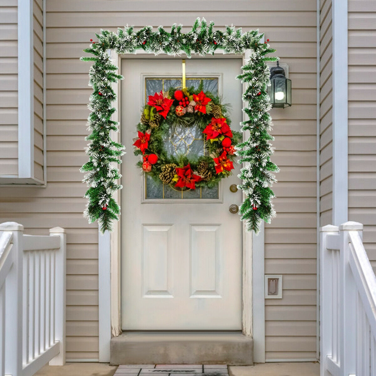 9 Feet Pre-Lit Snow Flocked Tips Christmas Garland with Red Berries