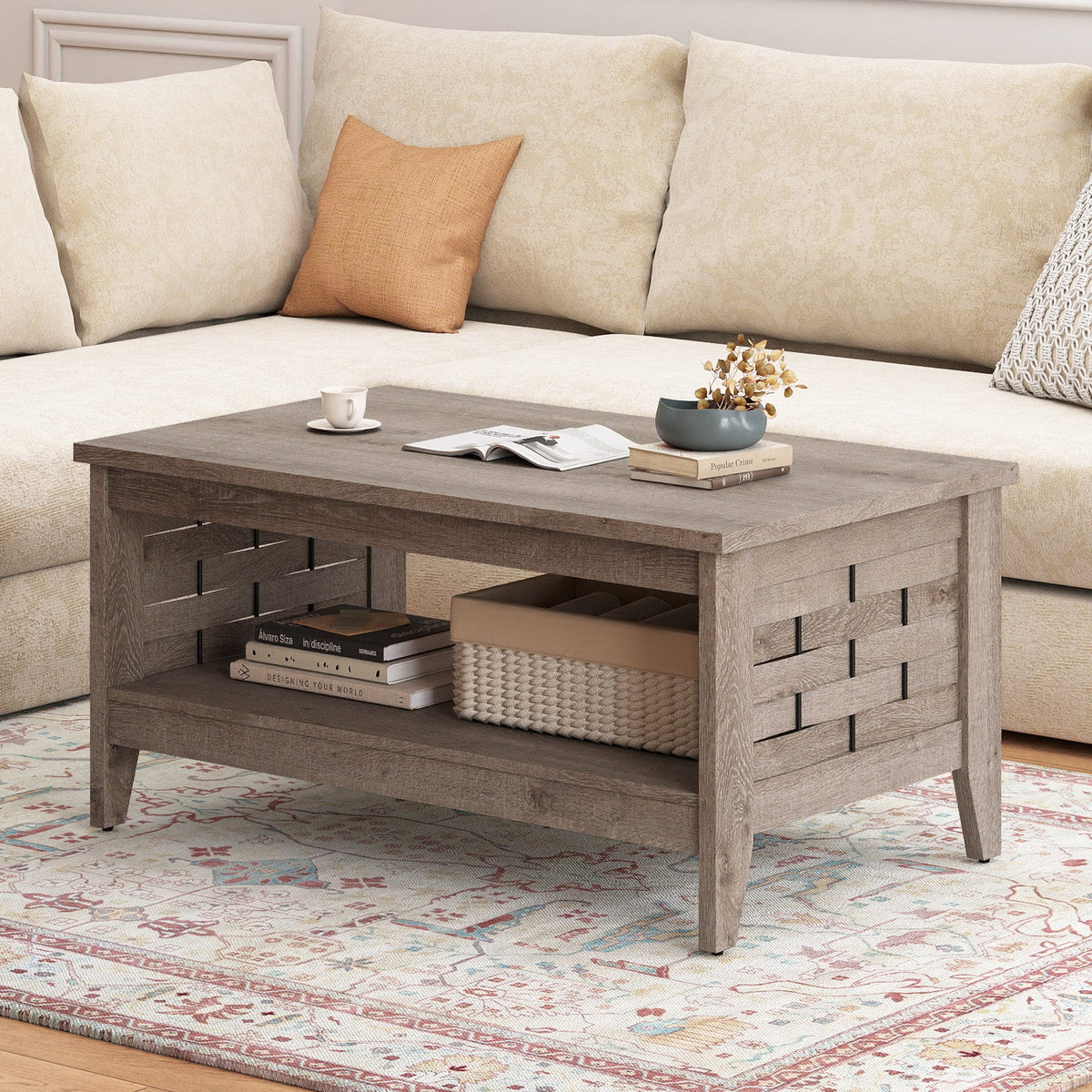 2-Tier Farmhouse Coffee Table with Open Shelf and Woven Decorations for Living Room