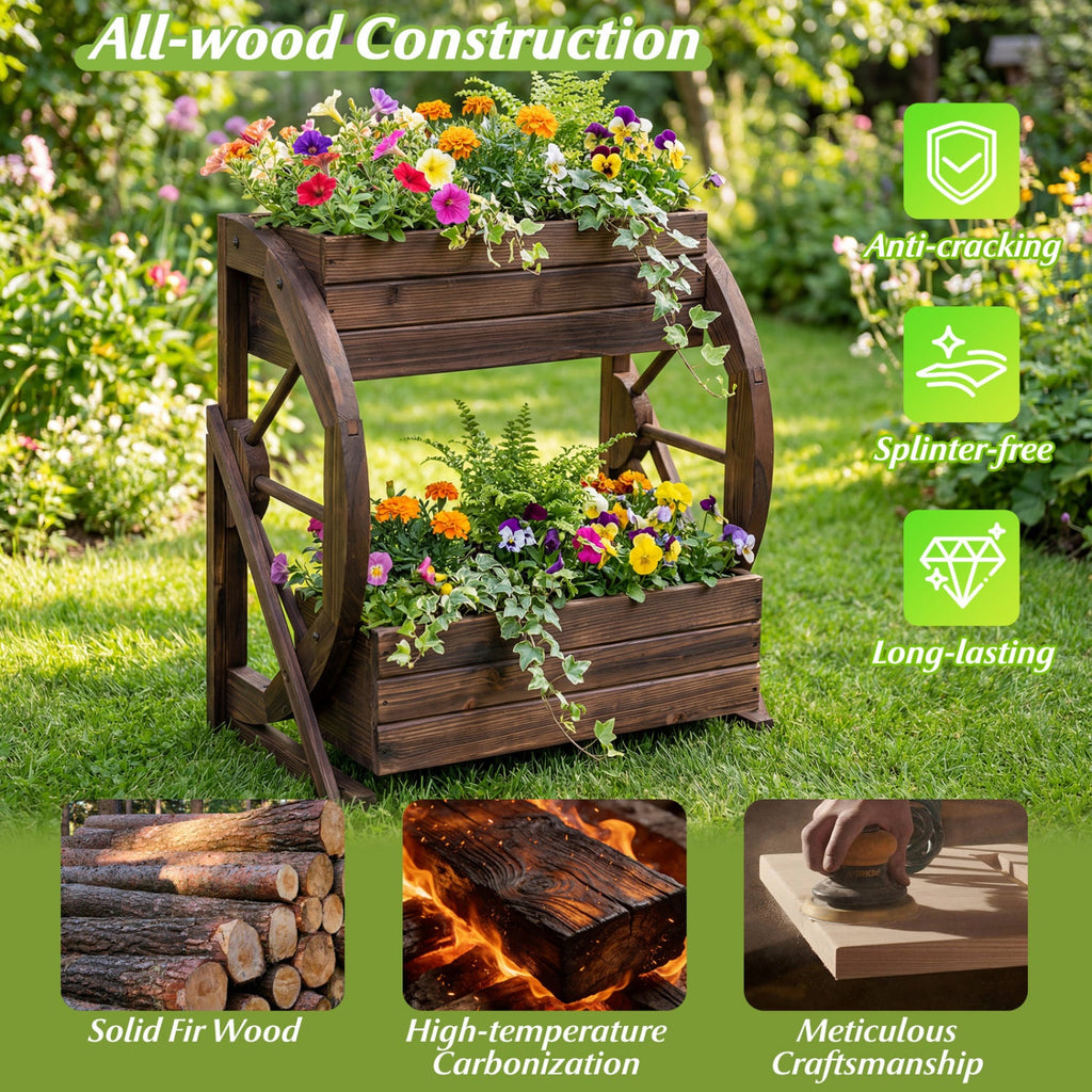 2-Tier Rustic Wooden Wagon Garden Planter