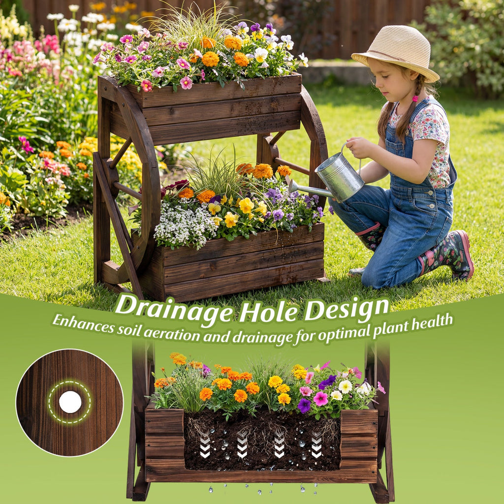 2-Tier Rustic Wooden Wagon Garden Planter