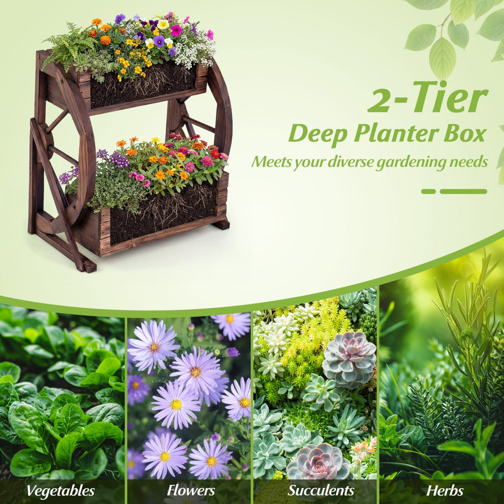 2-Tier Rustic Wooden Wagon Garden Planter
