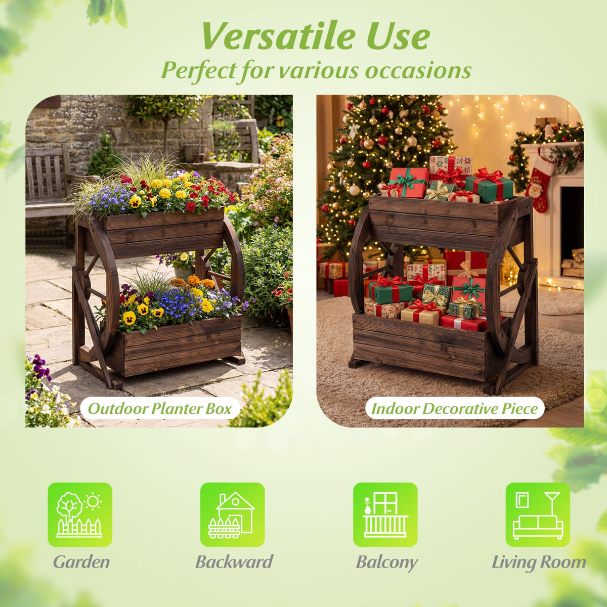 2-Tier Rustic Wooden Wagon Garden Planter