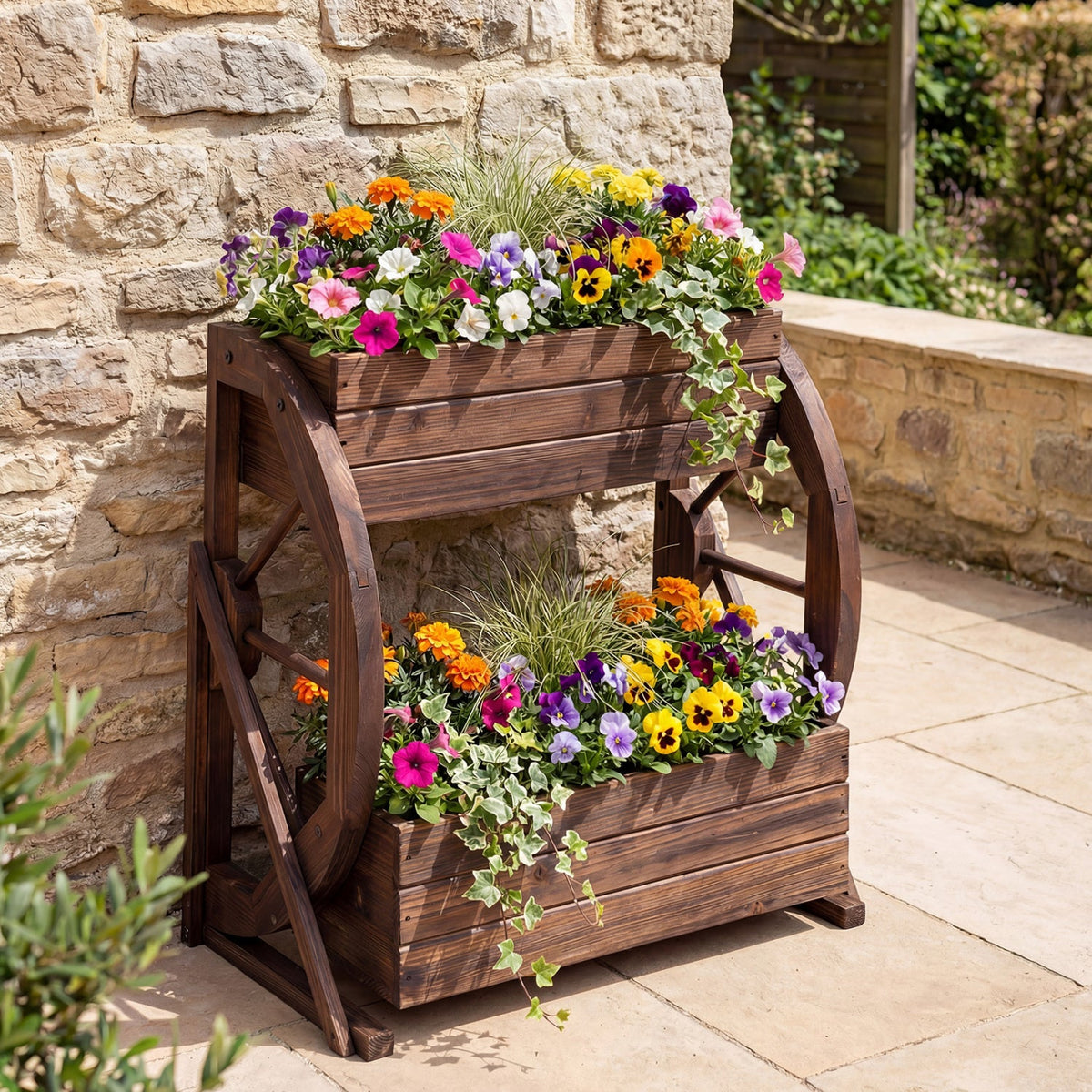 2-Tier Rustic Wooden Wagon Garden Planter