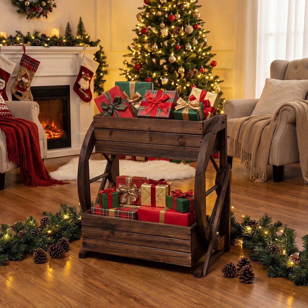 2-Tier Rustic Wooden Wagon Garden Planter