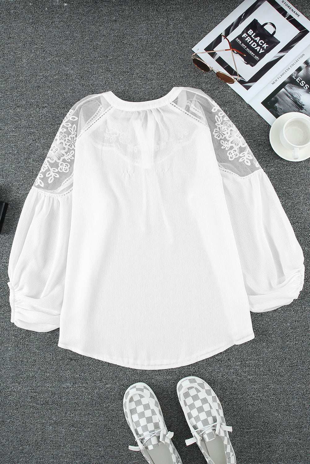 Lace-Detail Tie-Neck Blouse