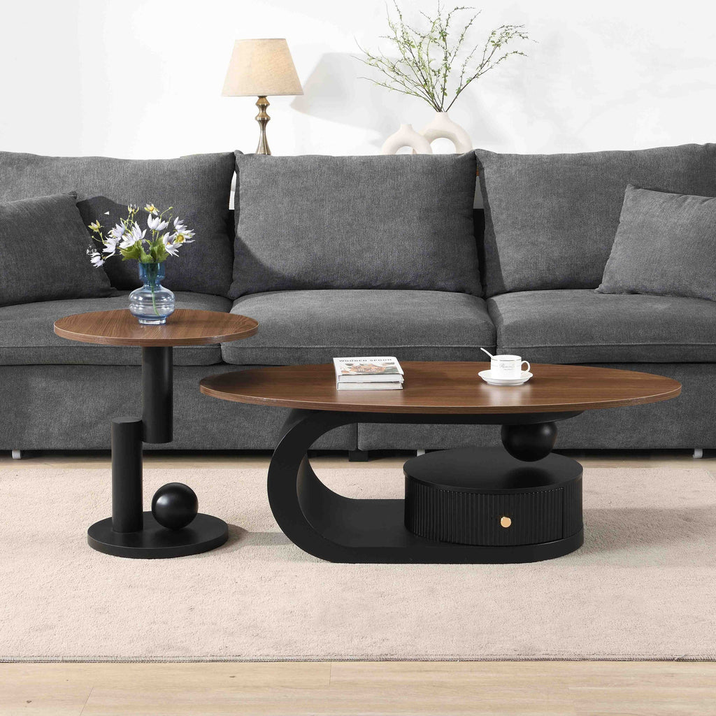 Luxury Nesting Coffee Table Set of 2,  Tables with Storage for Living Room, Oval and Round Table Set, Black Center Table, Cocktail Table, Side Table,  Large 47.24'', Small 19.69''