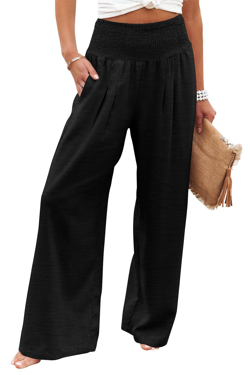 Women's Plus Size Shirred-Waist Wide-Leg Pants