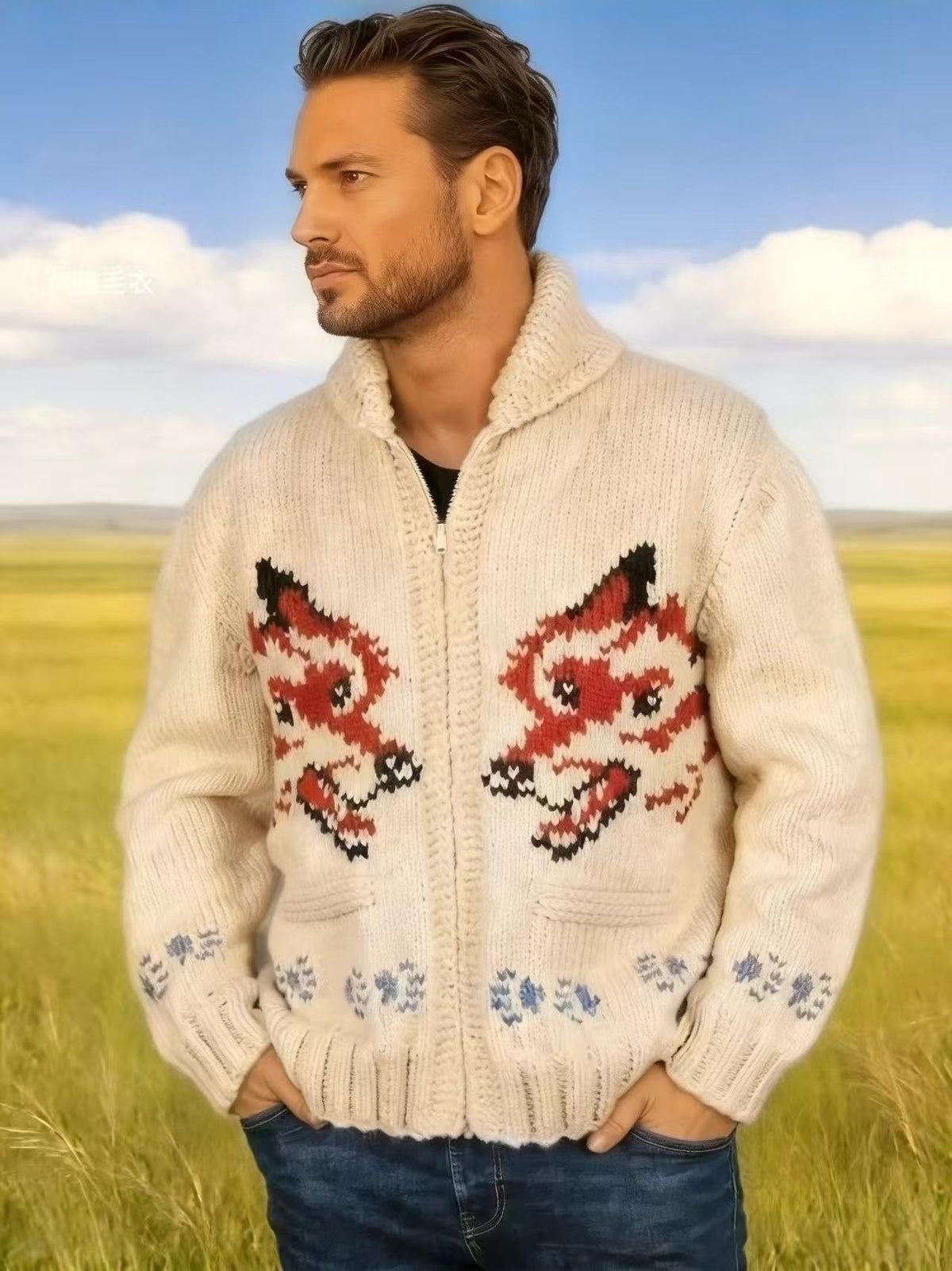 Men's Fox-Pattern Zip-Up Jacquard Cardigan