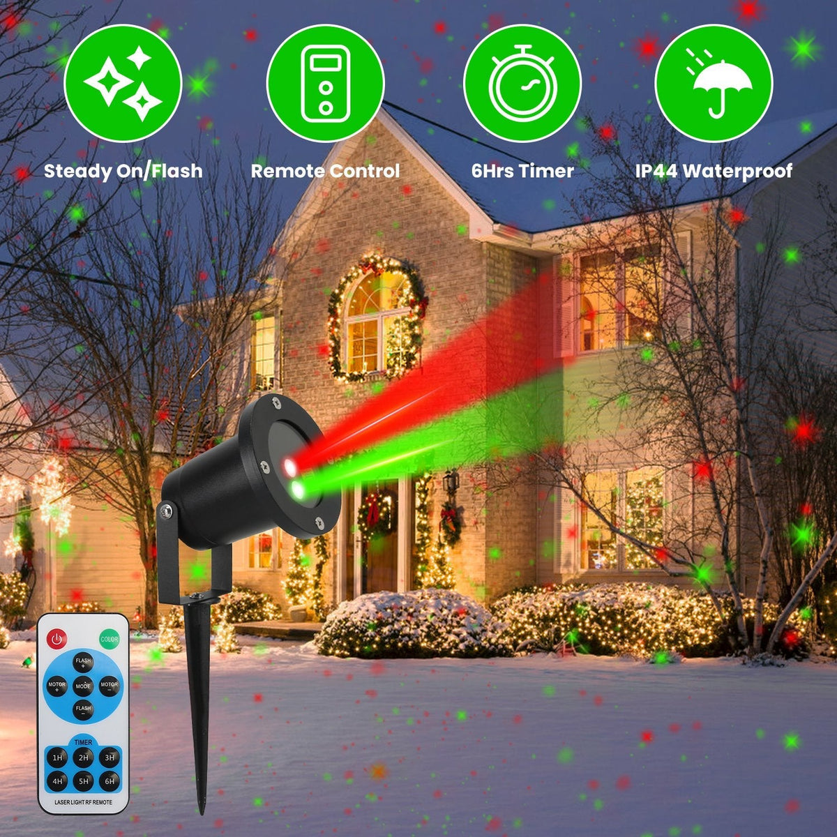 Outdoor Laser Projector Light Red and Green Projection Light with 3 Modes 12 Speeds 6Hrs Timer