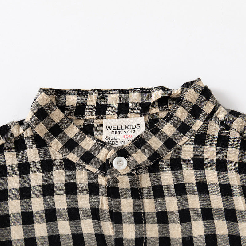 Boys’ Short-Sleeve Plaid Stand-Collar Shirt
