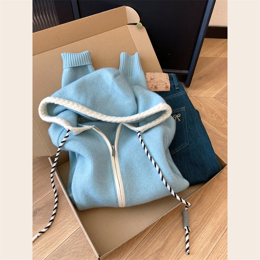 Women's Hooded Double Zipper Color Block Knit Cardigan - Soft Oversized Sweater Jacket, Plus Size