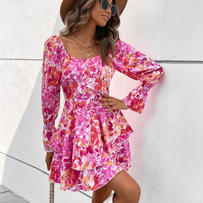 Floral Square-Neck Ruffle-Sleeve Midi Dress