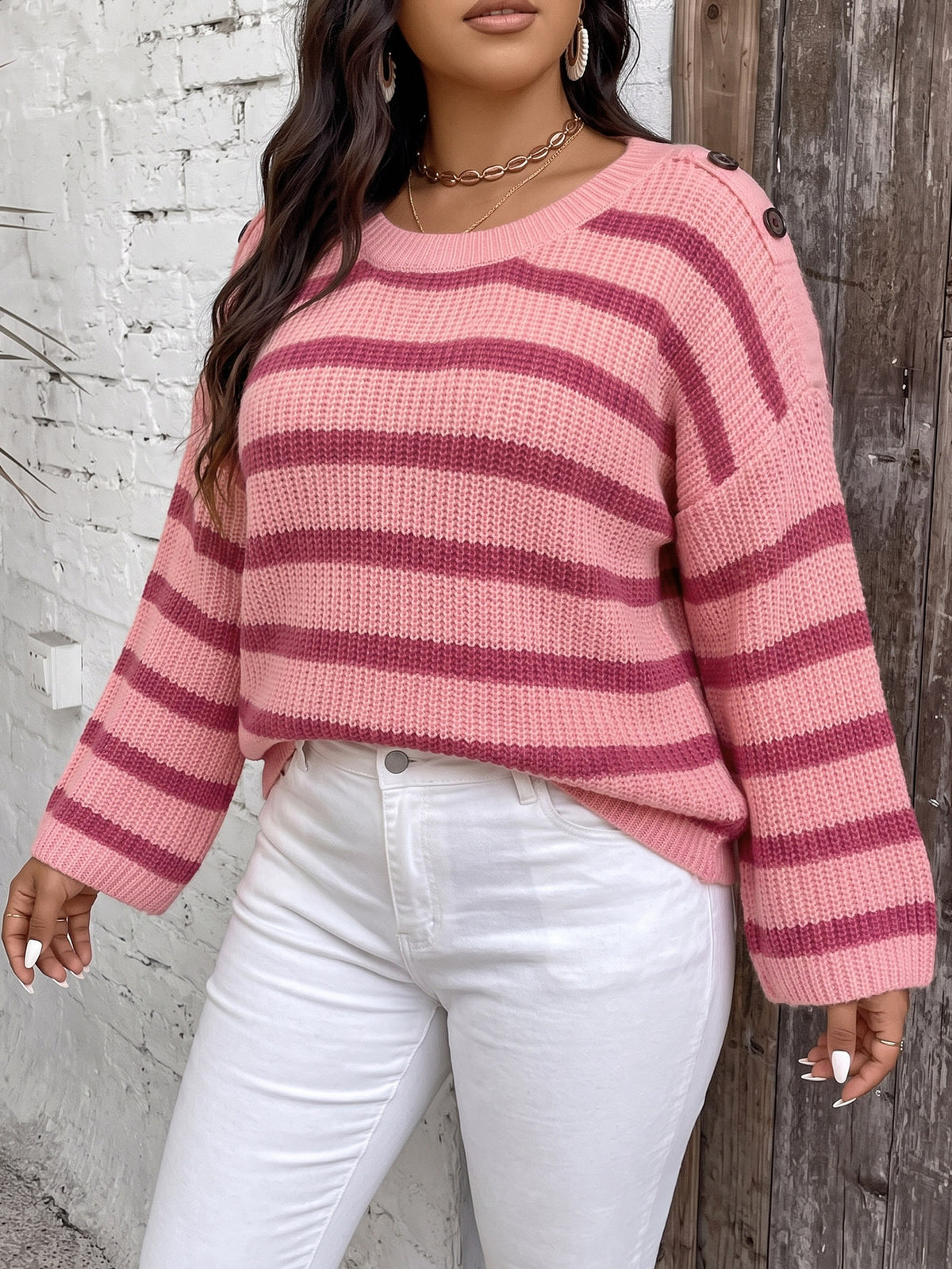 Women's Plus Size Striped Button-Detail Sweater