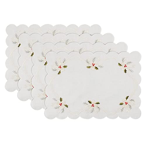 Holly & Ribbon Embroidered Christmas Table Linens