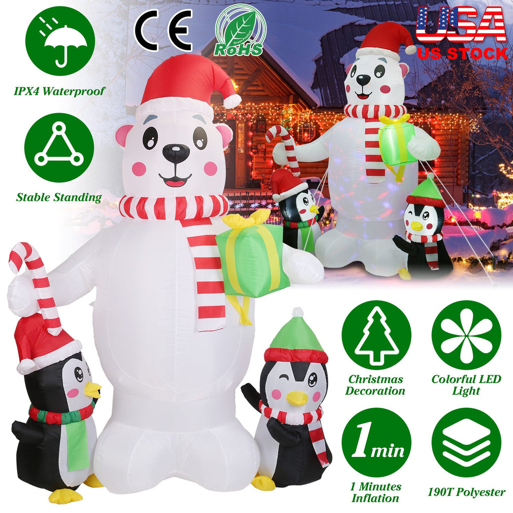 5.9 ft Christmas Inflatable Outdoor Decoration Polar Bear Gift Box Penguin Blow Up Yard Decoration