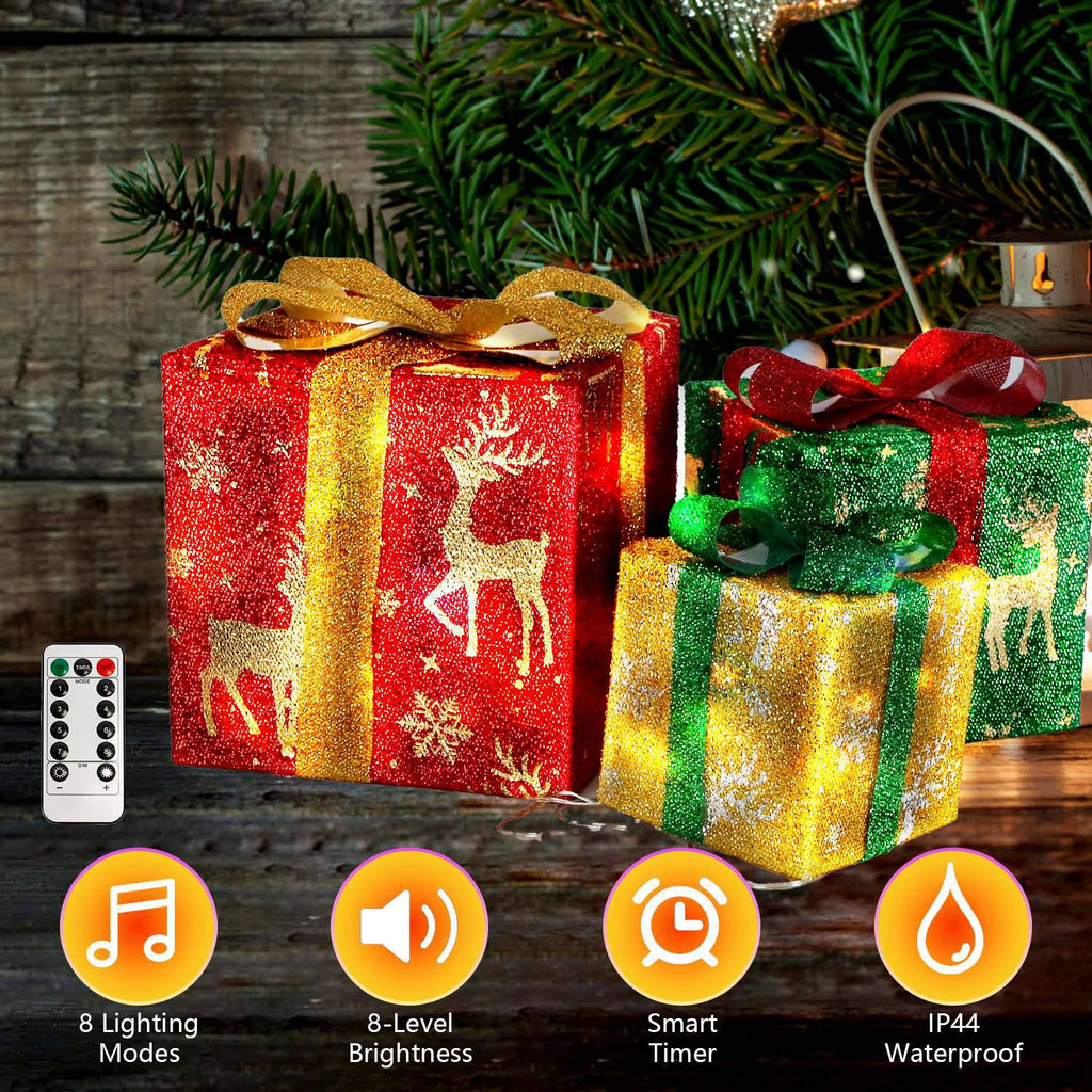 Set of 3 Christmas Lighted Gift Boxes Christmas Present Ornament 50 LED Christmas Box Decorations