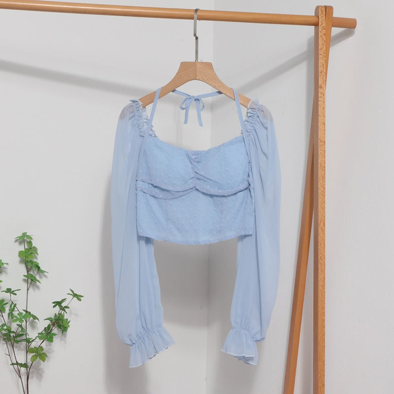 Lace-Up Square-Neck Lantern-Sleeve Crop Top