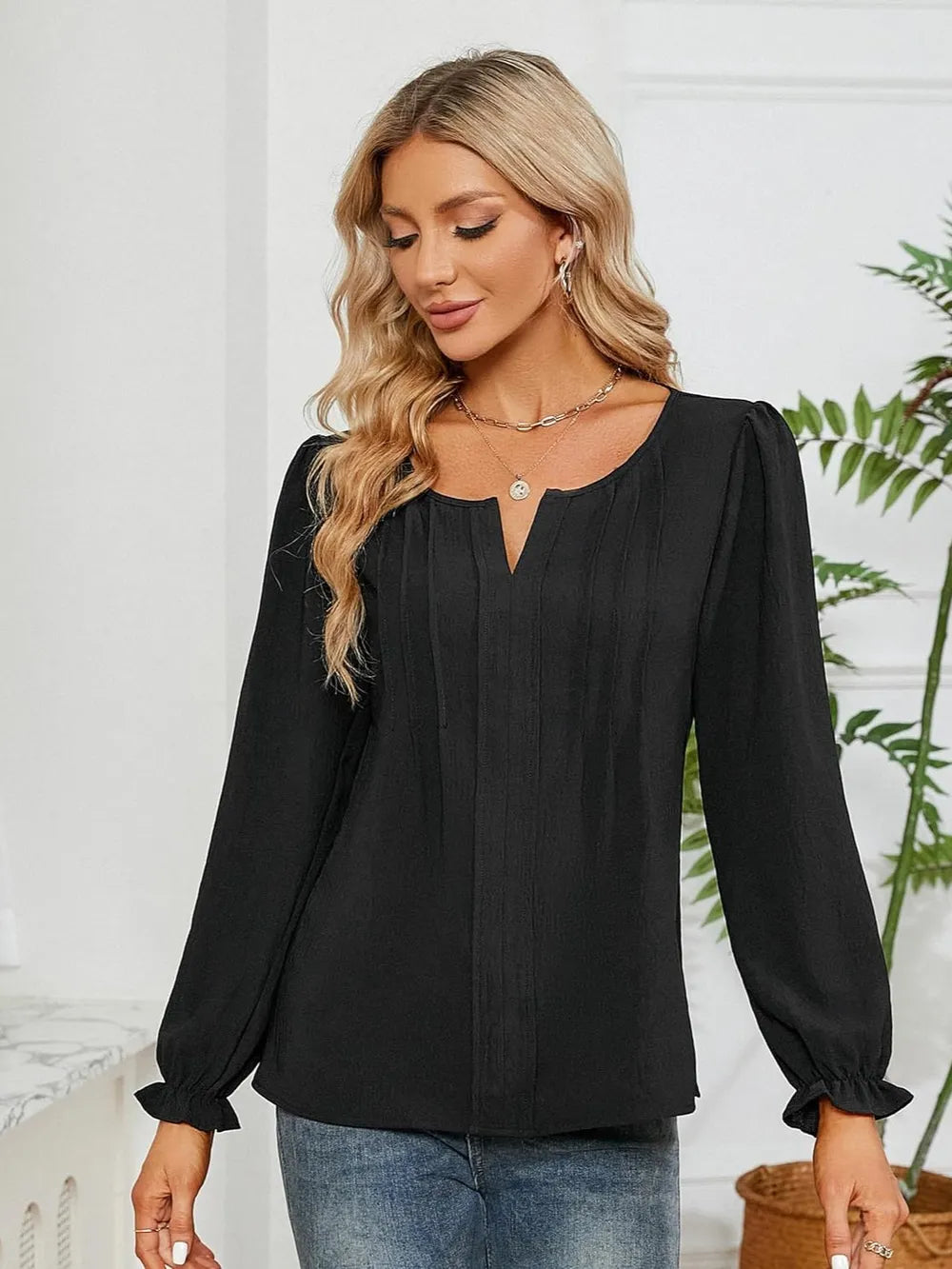 Notched-Neck Flounce-Sleeve Blouse