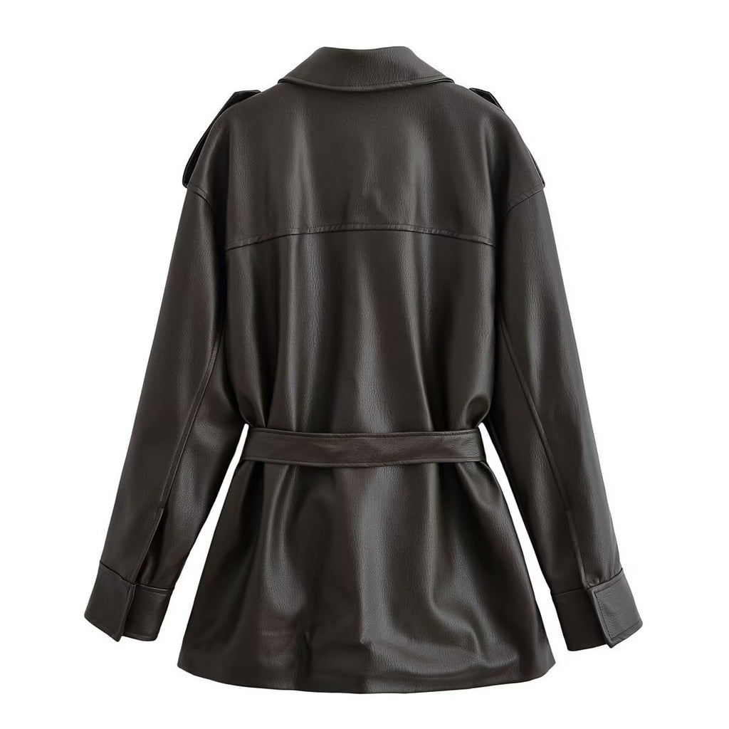 Belted Olive Green Faux-Leather Jacket