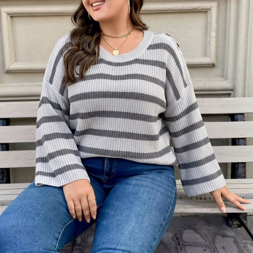 Women's Plus Size Striped Button-Detail Sweater