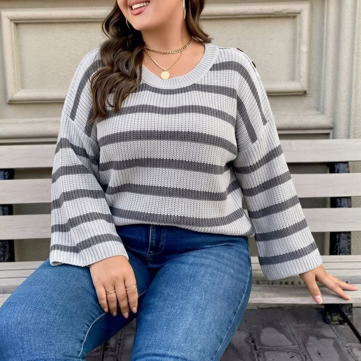 Women's Plus Size Striped Button-Detail Sweater
