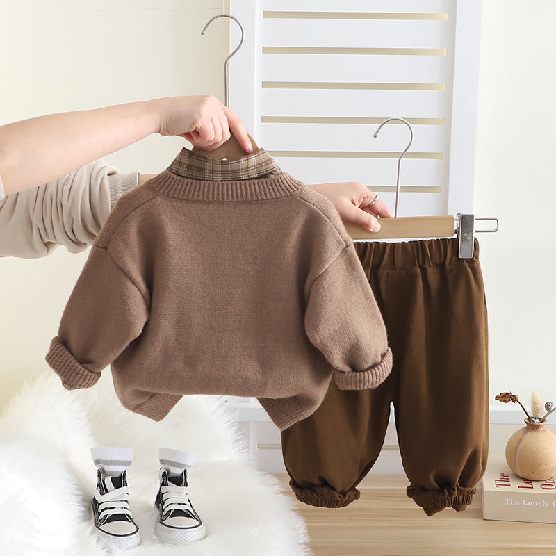 Kids Embroidery Long Sleeve Sweater Three-Piece Set
