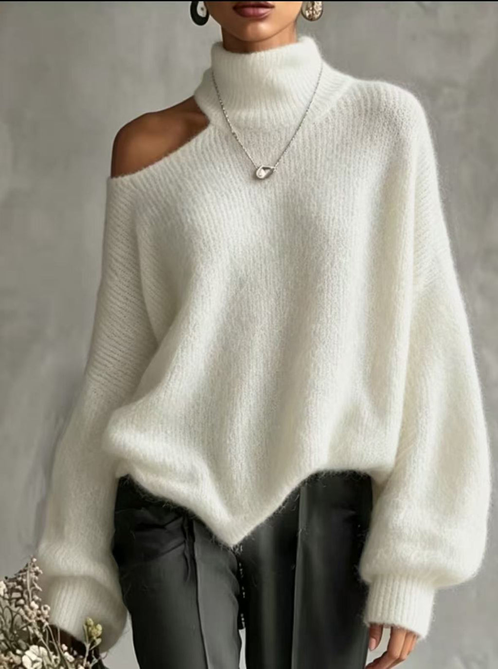 High-Neck Knit Pullover Sweater