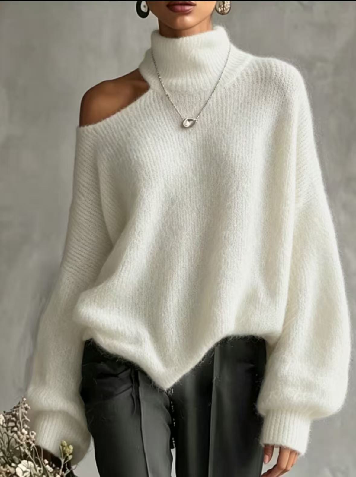 High-Neck Knit Pullover Sweater