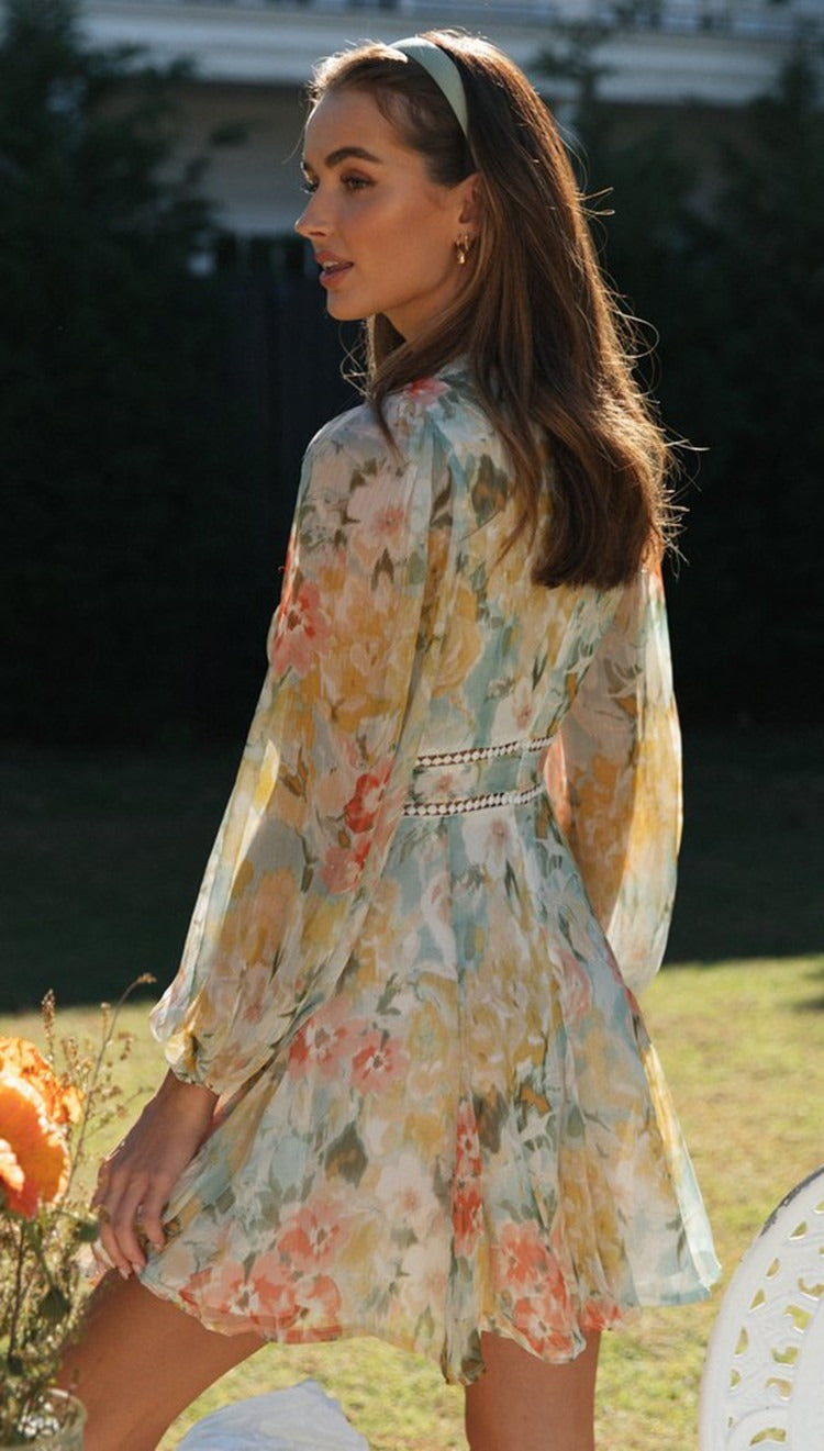 Printed V-Neck Lace-Detail Dress