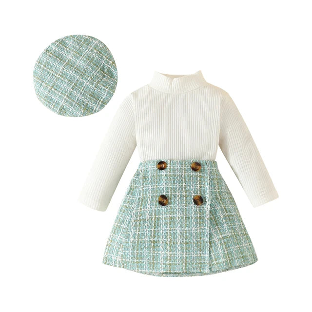 Baby Girls' Knit Top, Plaid Skirt & Hat Set