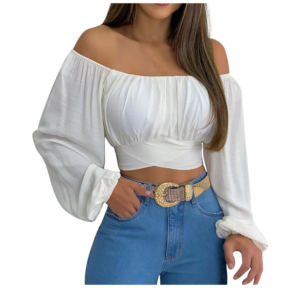 Off-Shoulder Lace-Up Long-Sleeve Top