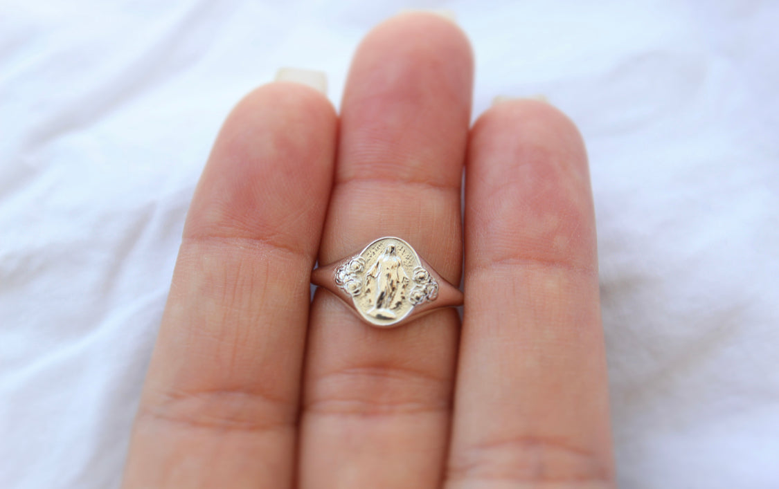 925 Sterling Silver Miraculous Medal Signet Ring