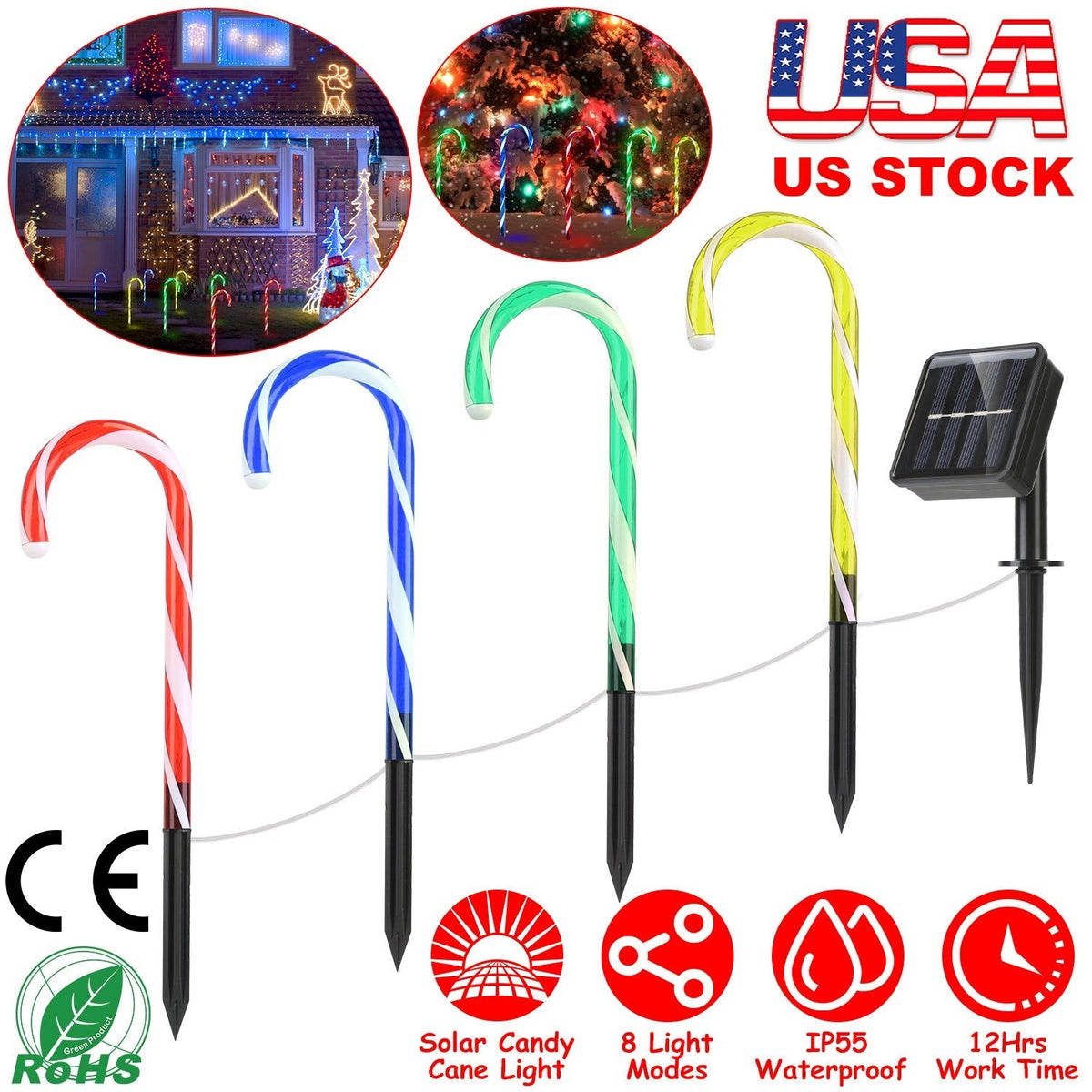 Solar Christmas Candy Cane Light IP55 Waterproof Stake Light Lamp for Patio Yard Garden Pathway