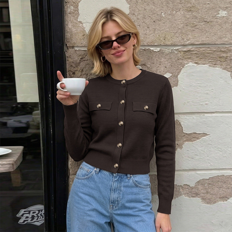 Coffee Brown Round-Neck Cardigan