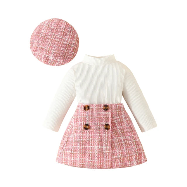 Baby Girls' Knit Top, Plaid Skirt & Hat Set