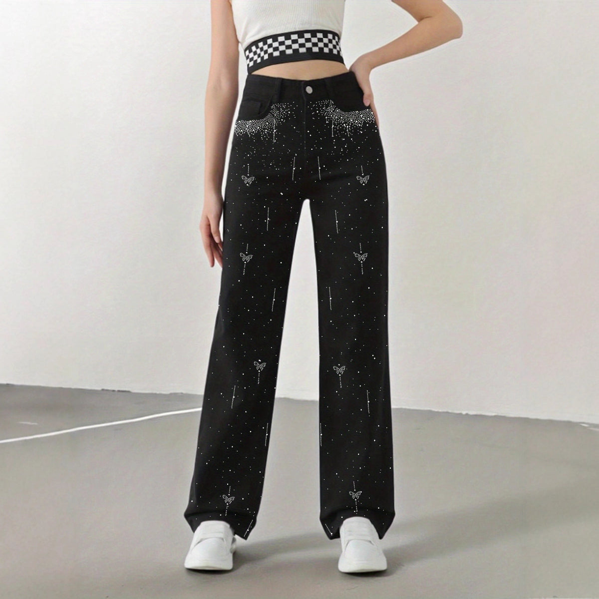 High-Waisted Rhinestone-Detail Jeans