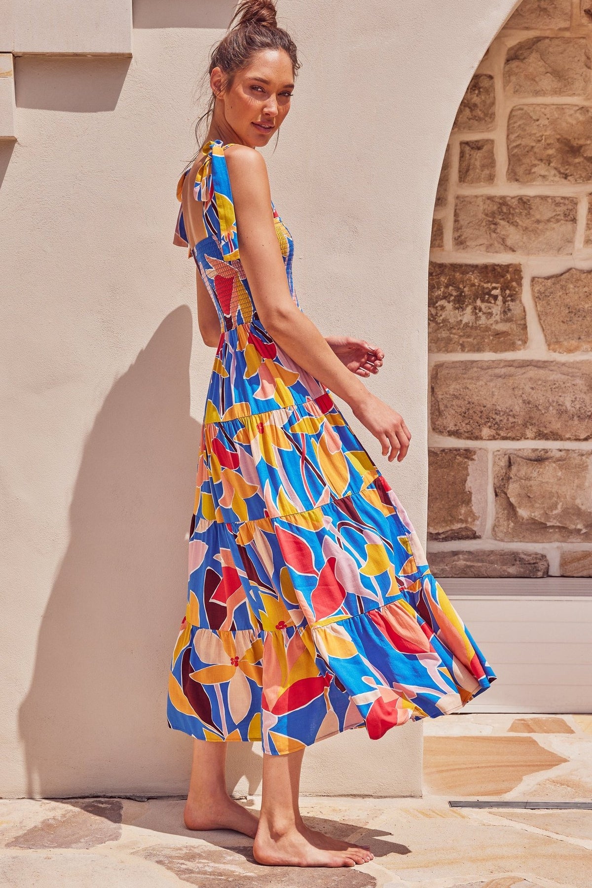 Printed High-Waist Pleated Maxi Dress