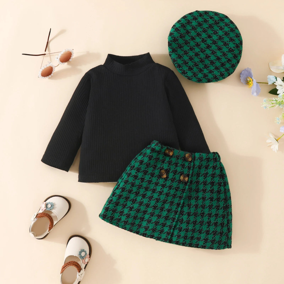 Baby Girls' Christmas Knit Top, Plaid Skirt & Hat Set