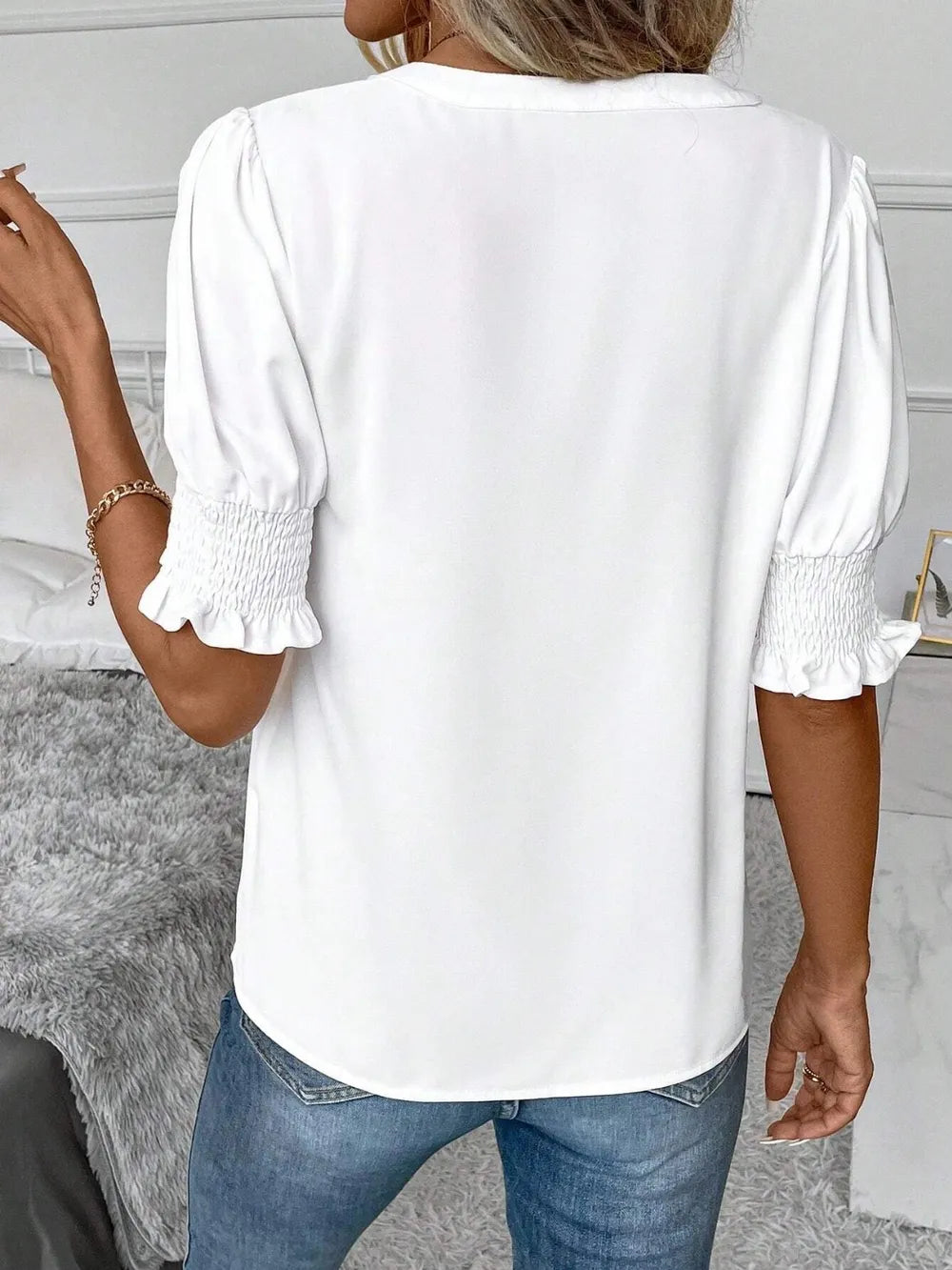 Notched-Neck Short-Sleeve Blouse