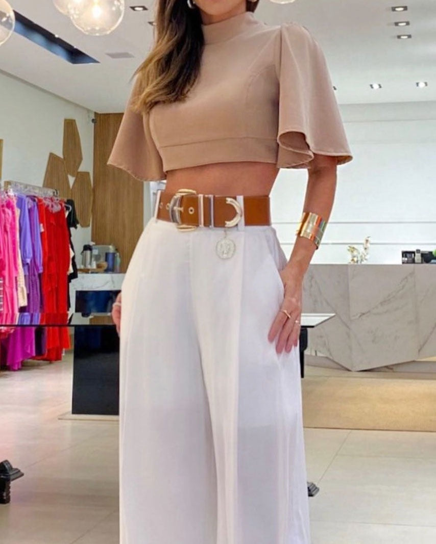 Open-Back Flare-Sleeve Top & Wide-Leg Pants Set