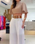 Open-Back Flare-Sleeve Top & Wide-Leg Pants Set