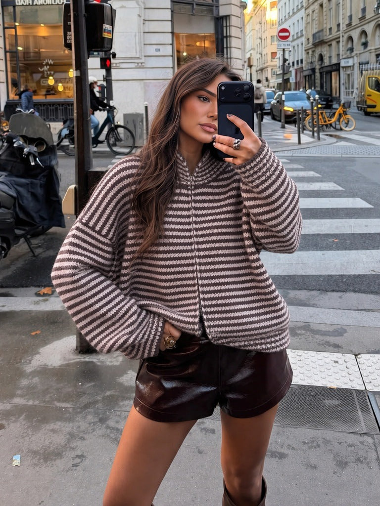 Contrast Stripe Zip-Front Sweater
