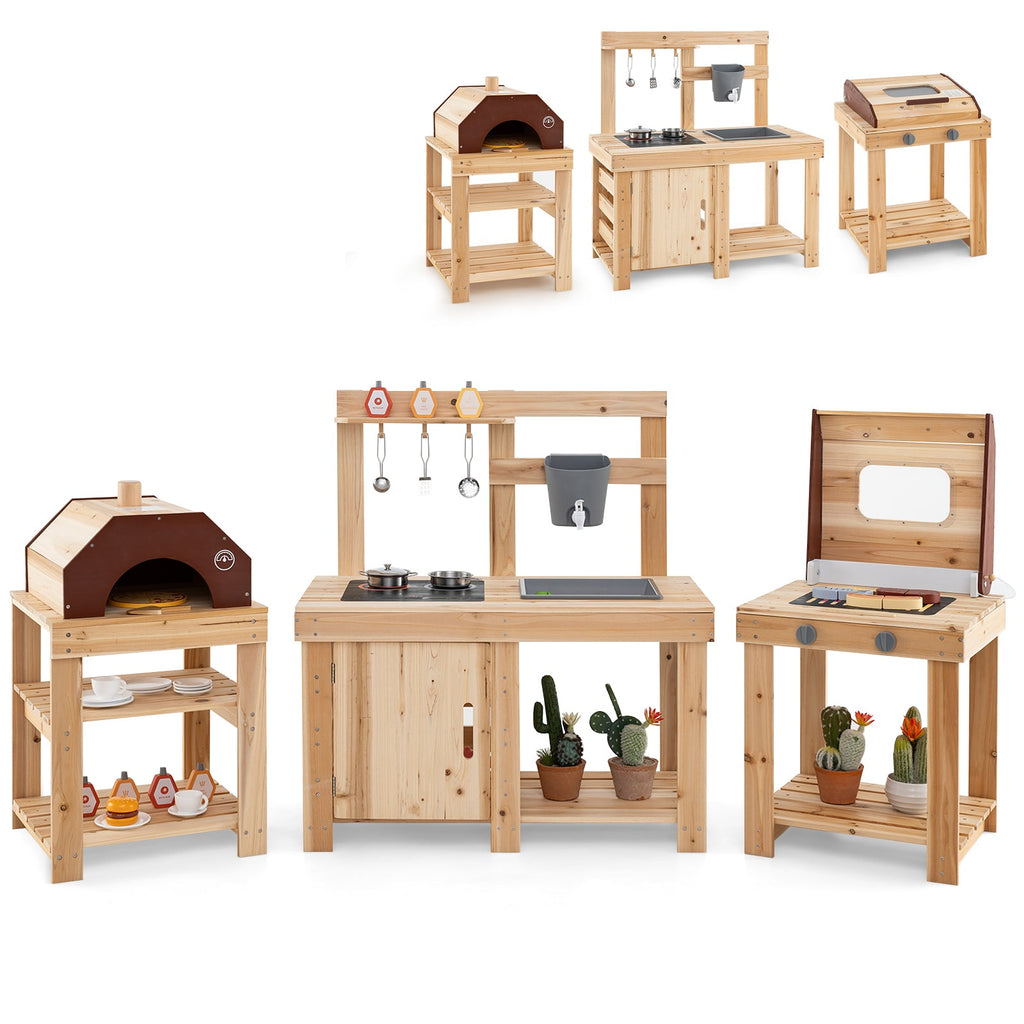 3-Piece Outdoor Kitchen Set Mud Kitchen with Separate BBQ Grill and Pizza Oven-Natural