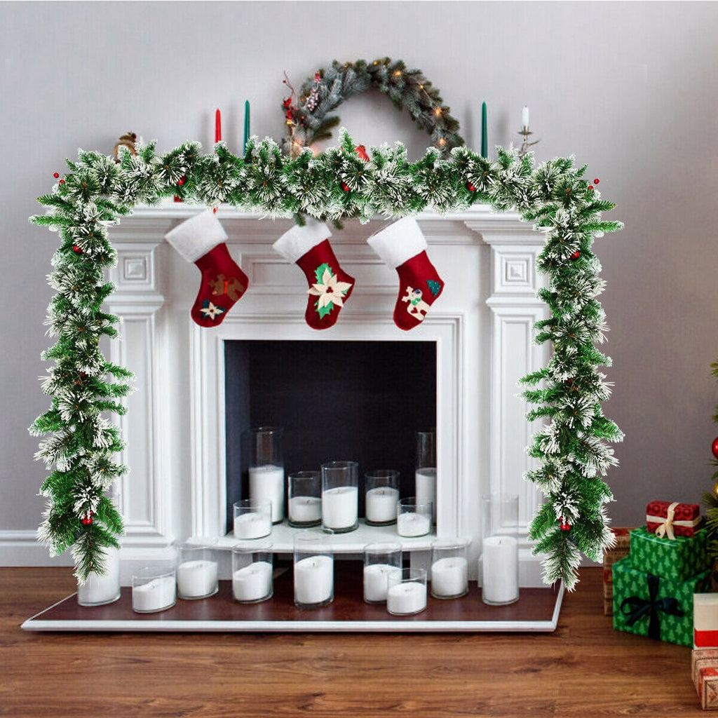 9 Feet Pre-Lit Snow Flocked Tips Christmas Garland with Red Berries