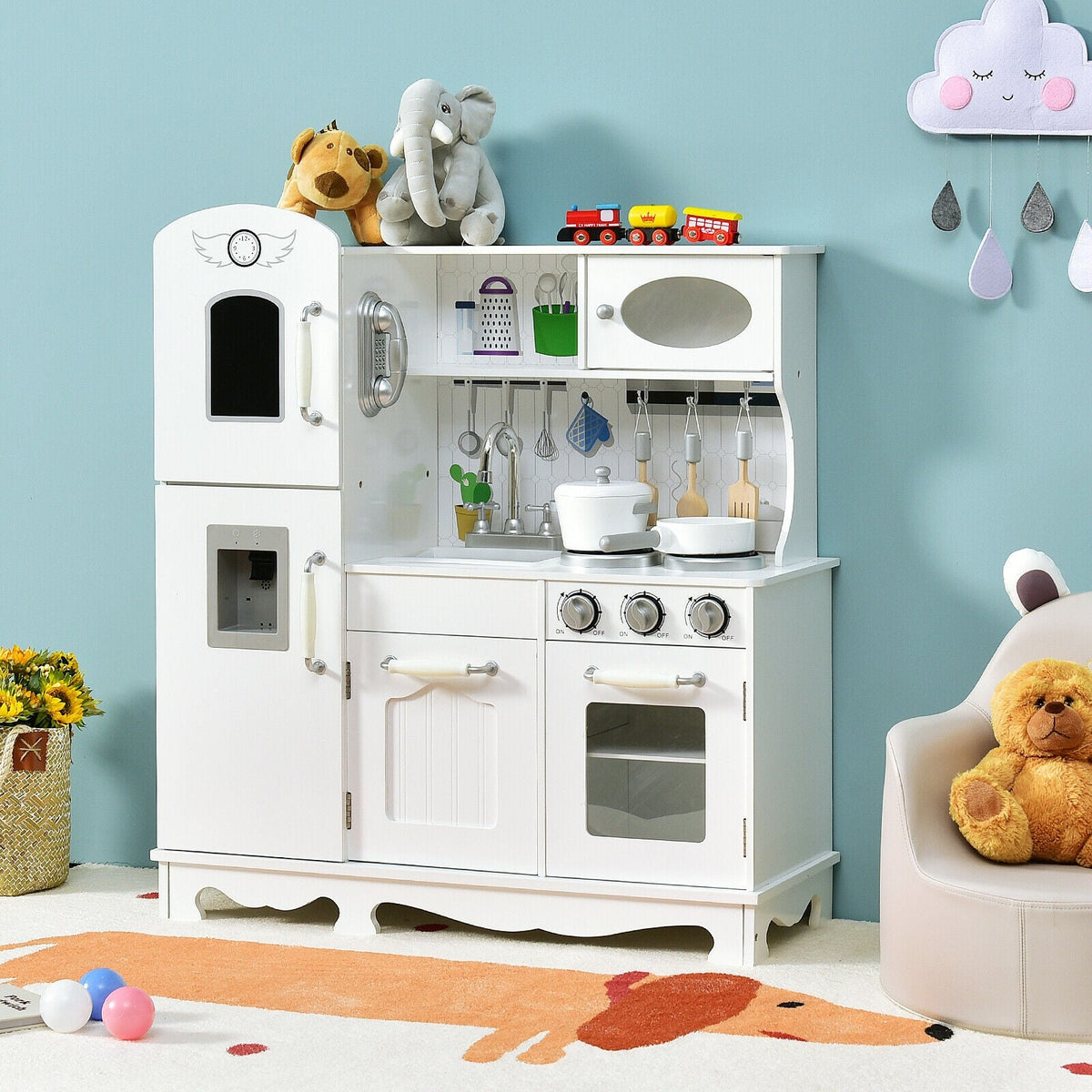 Kids' Pretend Play Kitchen with Water Dispenser & Cookware