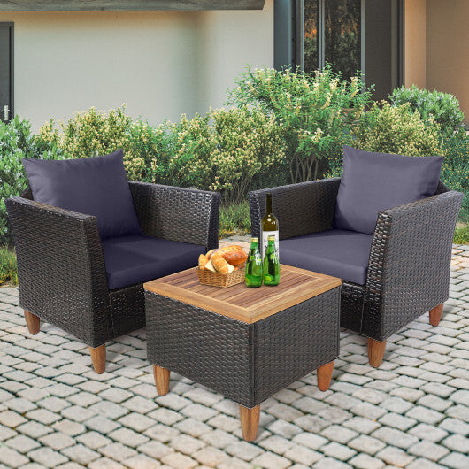 3-Piece Wicker & Acacia Wood Patio Bistro Set – Gray
