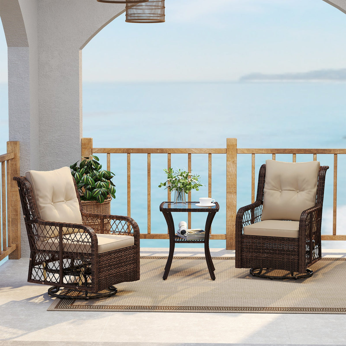 3-Piece Wicker Swivel Glider Patio Set with Side Table