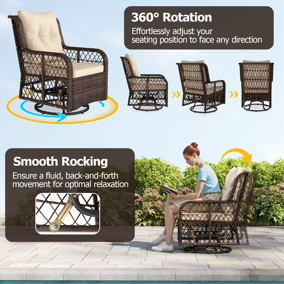 3-Piece Wicker Swivel Glider Patio Set with Side Table